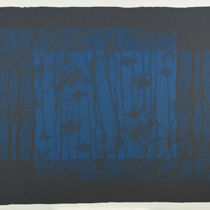 Lin Onus 'Blue Reflection with Frogs Heads (Charcoal)'