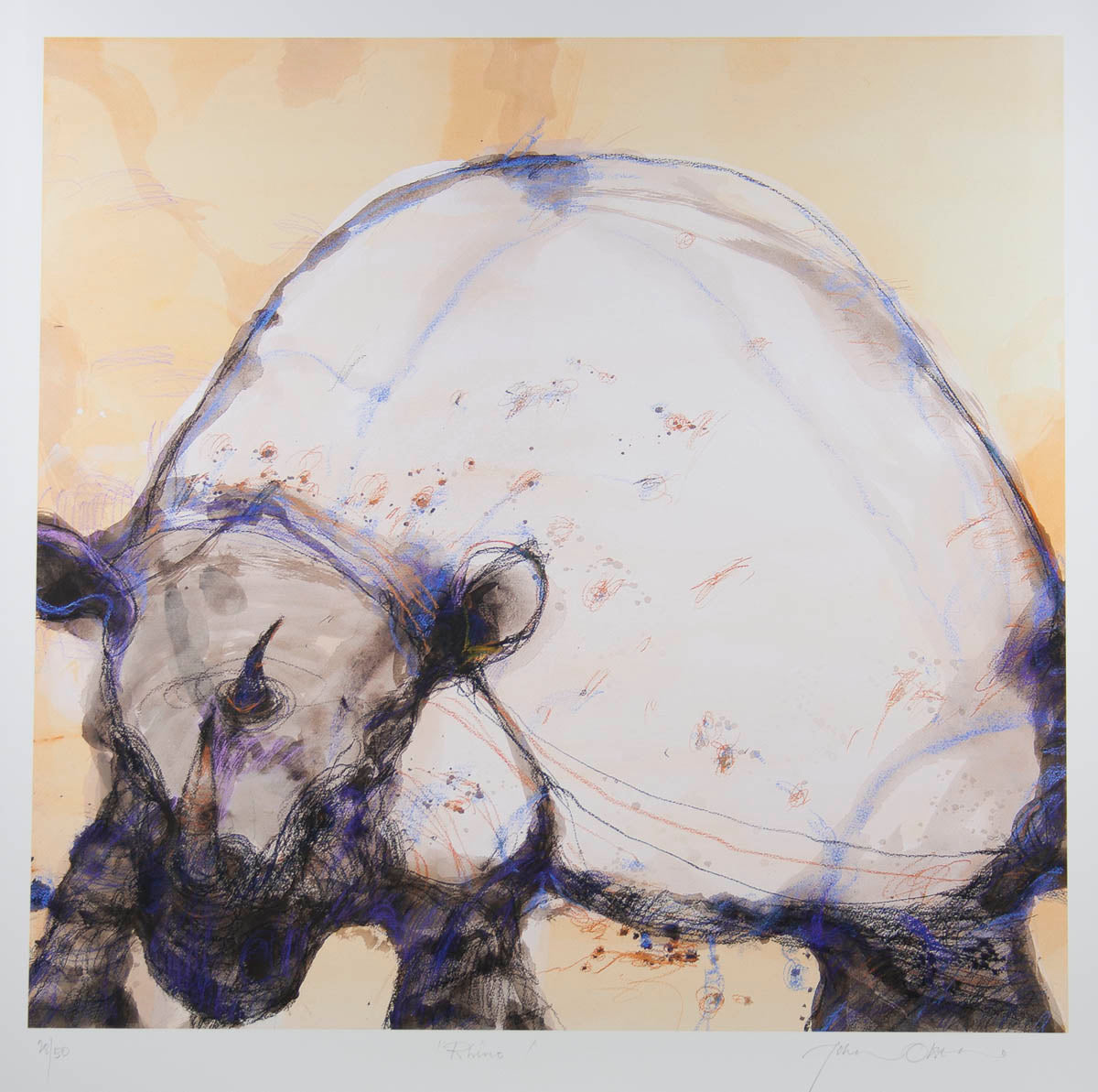 John Olsen 'White Rhino' - pigment print on paper