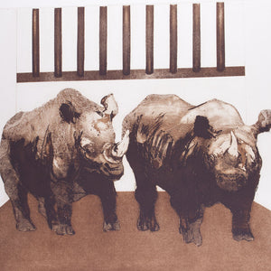Bettina McMahon 'Rhinoceros at Bay' - etching on paper